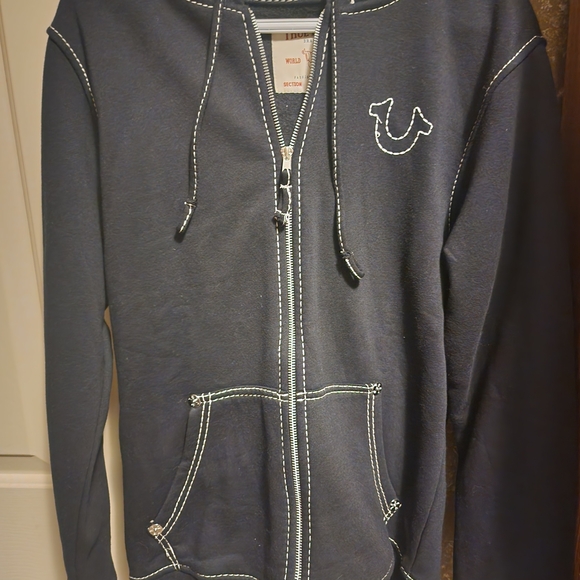 True Religion Black Zip-Up Jacket with White Stitching - Picture 1 of 3
